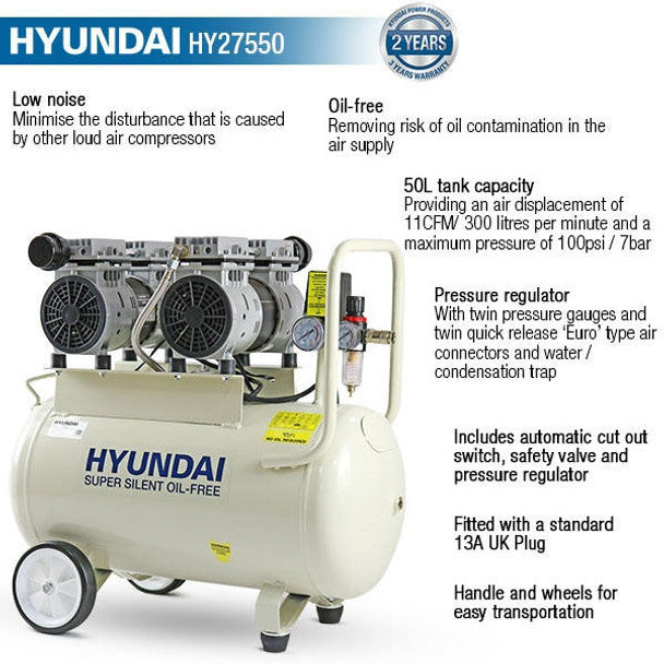 Hyundai 1500W 50L Oil Free Low Noise Portable Electric Air Compressor 11CFM 118psi | HY27550