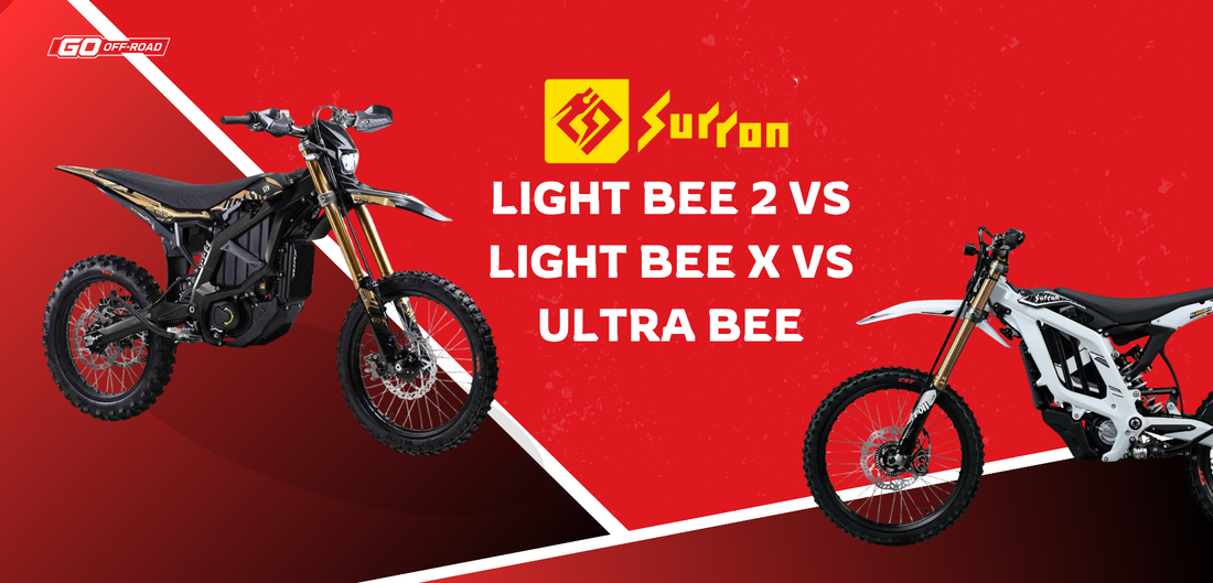 SUR-RON Light Bee 2 and Ultra Bee electric off-road bikes side by side with Go Off Road and Surron branding