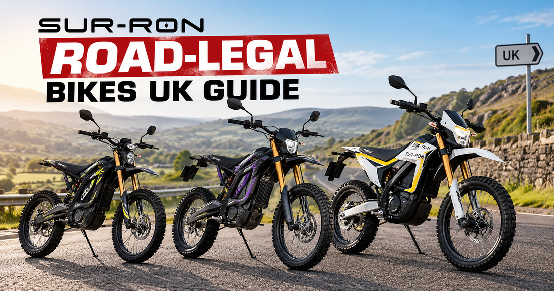 Three road-legal Sur-Ron electric motorbikes with mirrors, indicators, and front red L-plates lined up on a UK road, with overlay text reading "Sur-Ron Road-Legal Bikes UK Guide 2026/2027" and a road sign indicating DVLA and CBT compliance.