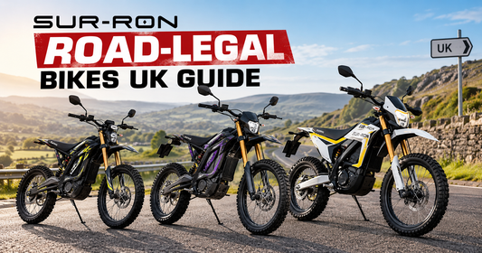Three road-legal Sur-Ron electric motorbikes with mirrors, indicators, and front red L-plates lined up on a UK road, with overlay text reading "Sur-Ron Road-Legal Bikes UK Guide 2026/2027" and a road sign indicating DVLA and CBT compliance.
