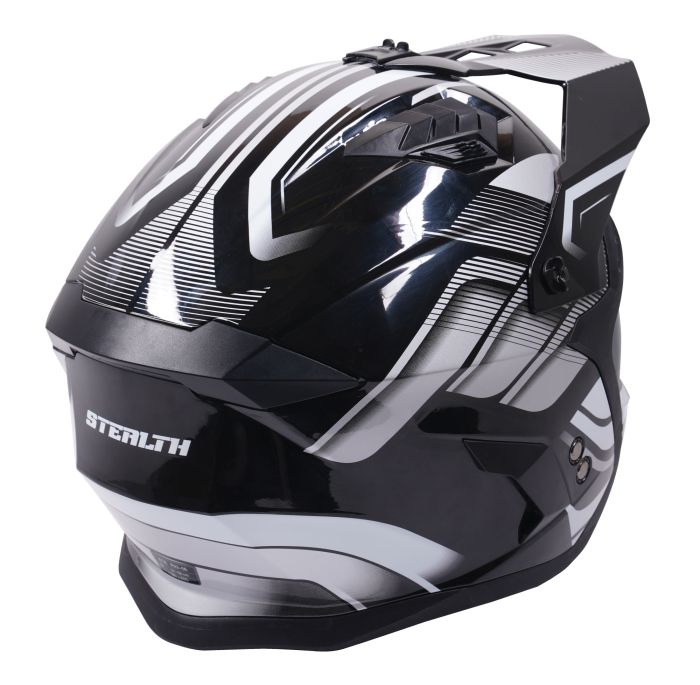 Stealth Fighter Multi Function Motorcycle Full & Open Face Helmet Graphic Orbit Black & Silver Gloss