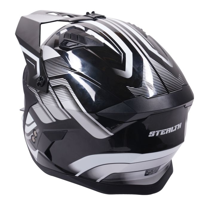Stealth Fighter Multi Function Motorcycle Full & Open Face Helmet Graphic Orbit Black & Silver Gloss