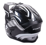 Stealth Fighter Multi Function Motorcycle Full & Open Face Helmet Graphic Orbit Black & Silver Gloss