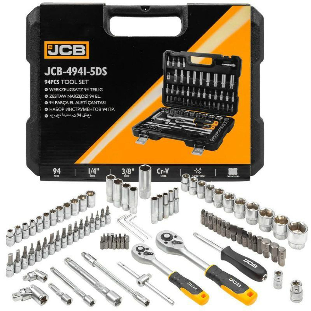 JCB 94 Piece 1/4'' and 3/8'' Socket and Bit Set, Chrome Vanadium Steel | JCB-4941-5DS