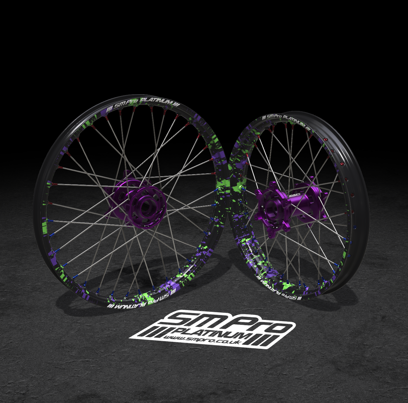 SM PRO ULTRA BEE WHEEL SET 21/18" SPLATTERKOTE GREEN/PURPLE COMBO