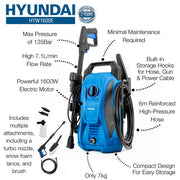 Hyundai 135Bar / 1740psi Electric Pressure Washer, 7.1L/min, 1600W Powerful Motor with Hose & Attachments | HYW1600E