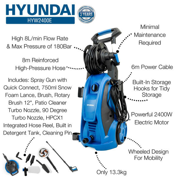 Hyundai 180Bar/ 2610psi Electric Pressure Washer, 8L/min, 2400W High-Performance Jet Wash with Hose & Attachments | HYW2400E