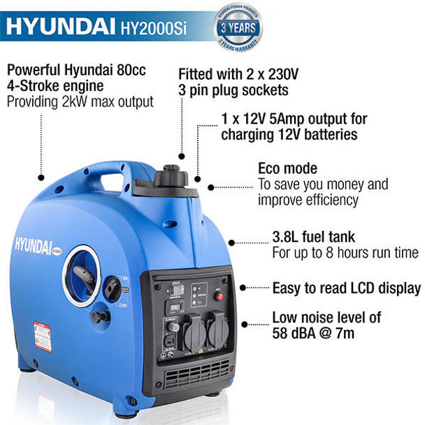 Hyundai 2000W / 2kW Petrol Inverter Generator, Pure Sine Wave Output, Portable Lightweight & Suitcase Style, Low Noise | HY2000Si