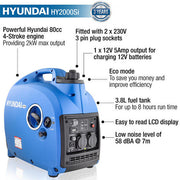 Hyundai 2000W / 2kW Petrol Inverter Generator, Pure Sine Wave Output, Portable Lightweight & Suitcase Style, Low Noise | HY2000Si