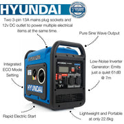 Hyundai 2200W / 2.2kW Petrol Inverter Generator, Electric Start, Pure Sine Wave Output, Lightweight, Quiet Running | HY2250SEi
