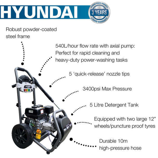 Hyundai 3400psi / 234 bar 209cc Petrol Pressure Washer, 9L/min, 10m Hose & Detergent Tank | HYW3400P