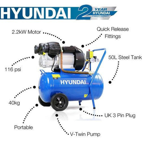 Hyundai 3hp 50L Electric Air Compressor 14CFM 116psi Direct Drive V-Twin | HY3050V