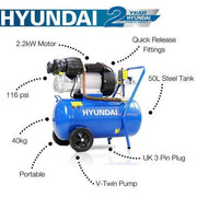 Hyundai 3hp 50L Electric Air Compressor 14CFM 116psi Direct Drive V-Twin | HY3050V