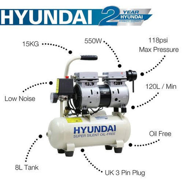 Hyundai 550W 8L Oil Free Low Noise Portable Air Compressor 4CFM 100psi Direct Drive | HY5508