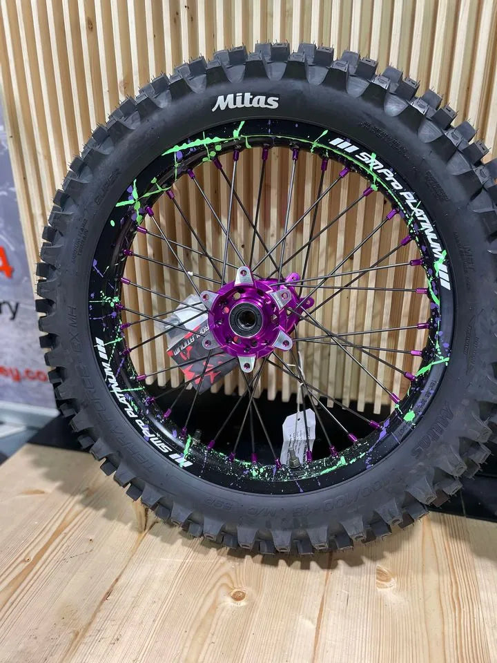 SM PRO ULTRA BEE WHEEL SET 21/18" SPLATTERKOTE GREEN/PURPLE COMBO - Go Off Road Barnsley