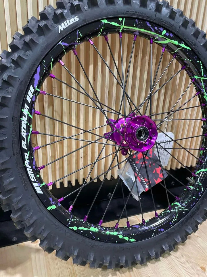 SM PRO ULTRA BEE WHEEL SET 21/18" SPLATTERKOTE GREEN/PURPLE COMBO - Go Off Road Barnsley