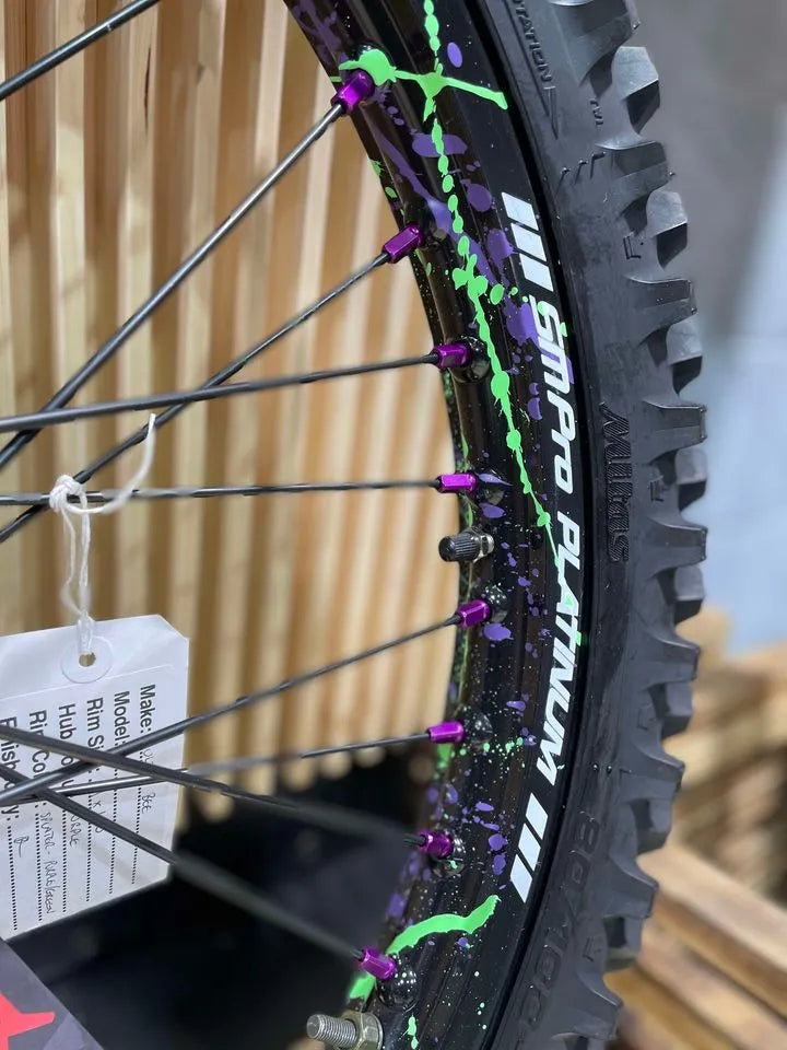 SM PRO ULTRA BEE WHEEL SET 21/18" SPLATTERKOTE GREEN/PURPLE COMBO - Go Off Road Barnsley