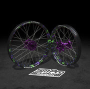 SM PRO ULTRA BEE WHEEL SET 21/18" SPLATTERKOTE GREEN/PURPLE COMBO - Go Off Road Barnsley