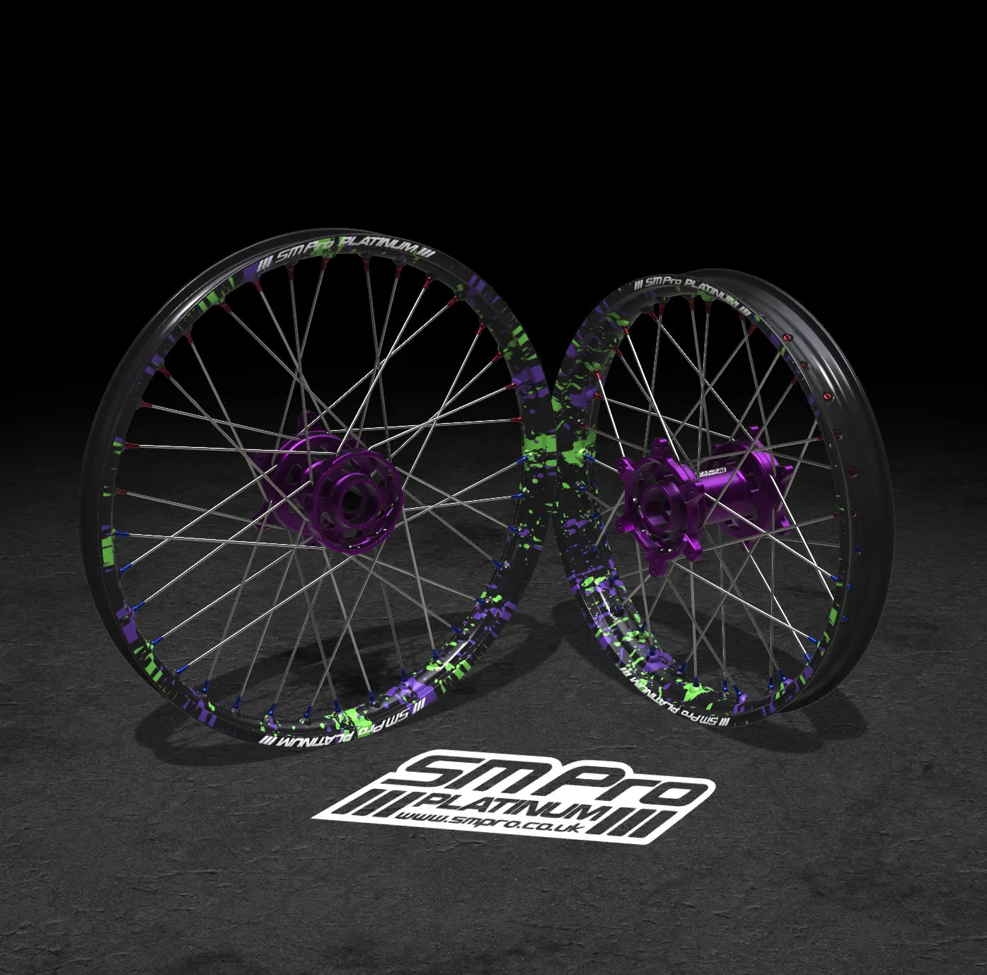 SM PRO ULTRA BEE WHEEL SET 21/18" SPLATTERKOTE GREEN/PURPLE COMBO - Go Off Road Barnsley