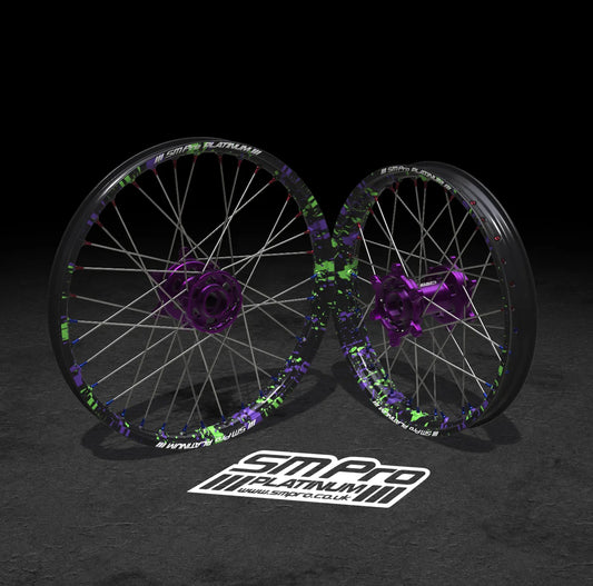 SM PRO ULTRA BEE WHEEL SET 21/18" SPLATTERKOTE GREEN/PURPLE COMBO - Go Off Road Barnsley
