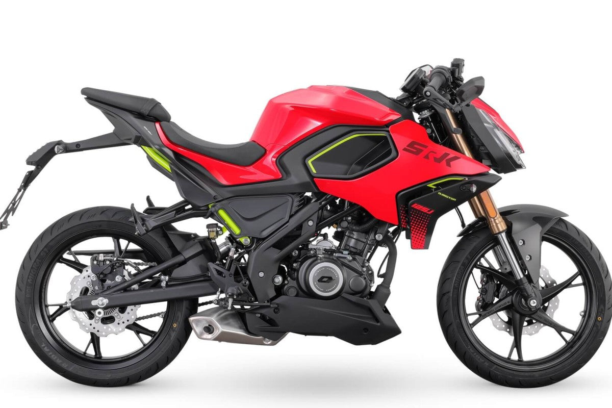 Side profile of QJMotor SRK 125 J naked motorcycle showing upside-down front forks and LED headlights