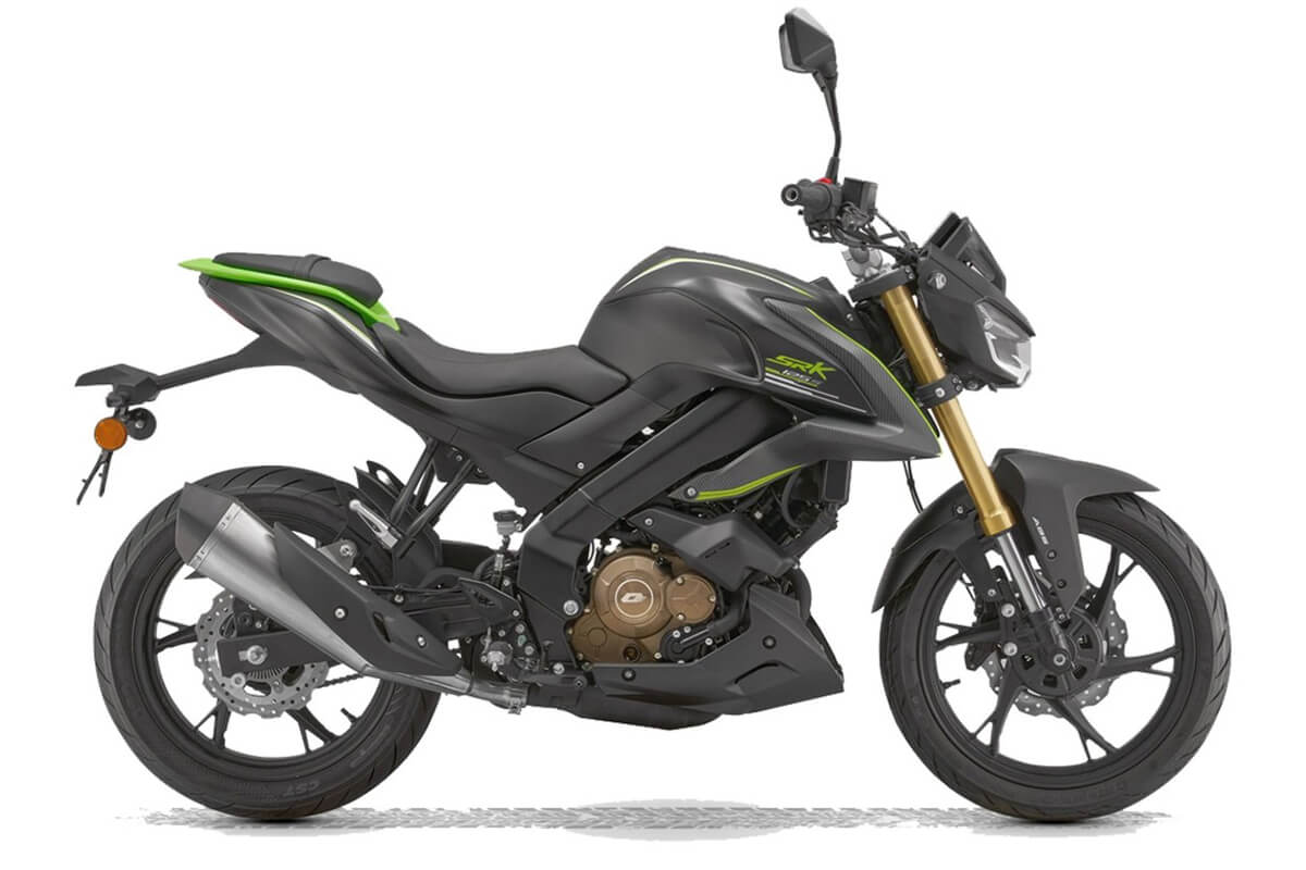 Side profile of QJMotor SRK 125 S naked motorcycle in green and black