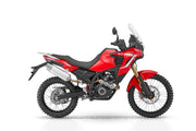 Side view of QJMotor SRT 125 DX adventure motorcycle with windscreen, crash bars, and LED headlights