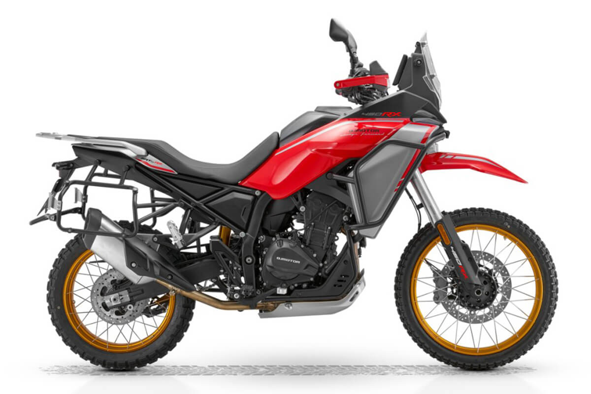 Front three-quarter view of QJMotor SRT 450 RX adventure bike