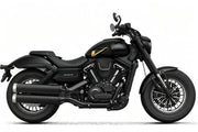 Side profile of QJMotor SRV 600 V2 cruiser motorcycle in black showing modern V-twin engine and low seat height
