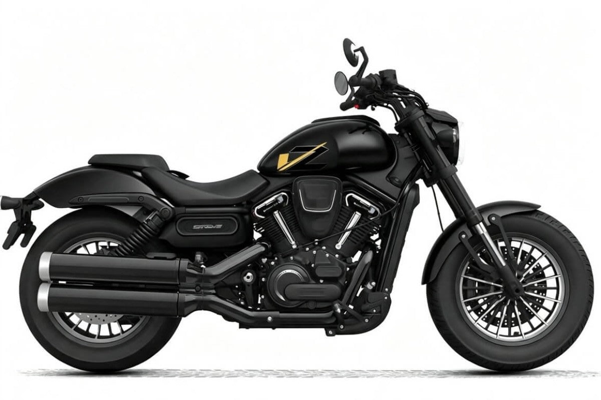 Side profile of QJMotor SRV 600 V2 cruiser motorcycle in black showing modern V-twin engine and low seat height