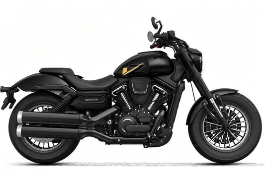 Side profile of QJMotor SRV 600 V2 cruiser motorcycle in black showing modern V-twin engine and low seat height
