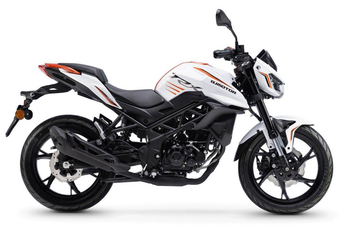 Side profile of QJMotor TRX 125 naked motorcycle in white